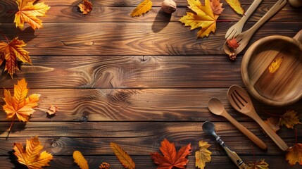 Rustic wooden table adorned with kitchen utensils and autumn leaves, setting an eco-friendly mood AI Generative. - obrazy, fototapety, plakaty