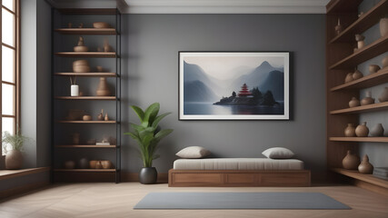 Interior of a cozy yoga room in gray tones.