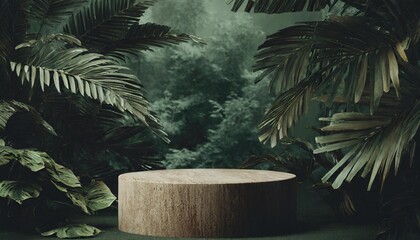 product presentation with a wooden podium set amidst a lush tropical forest enhanced by a vibrant...