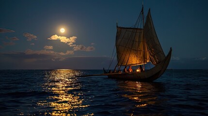 Polynesian outrigger canoe navigates the night sea beneath a luminous moon. Cultural heritage meets celestial wonder.