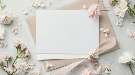 Blank card mockup with whimsical flowers and ribbon, spring freshness, AI Generative.