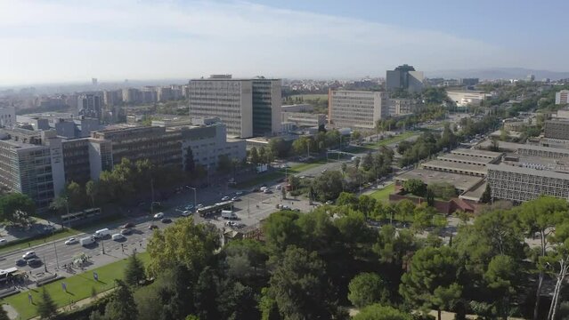 Aerial footage of Avinguda Diagonal, Barcelona. Pedralbes district. Big avenue with traffic.
