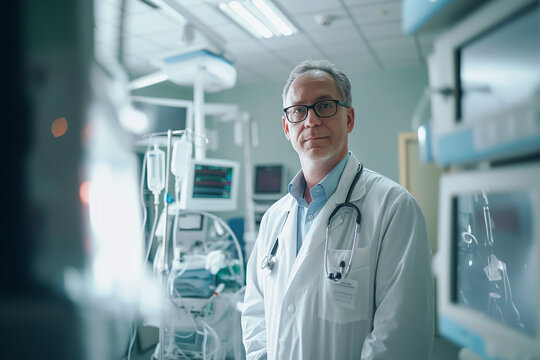 A confident medical professional stands in a hospital corridor, donned in a white lab coat with a stethoscope around his neck, in front of medical equipment.