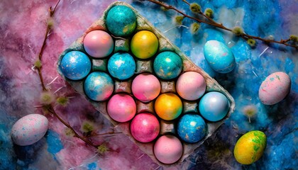 top view photo of a wonder vibrant egg carton filled with colorful easter eggs on joy blue and pink...