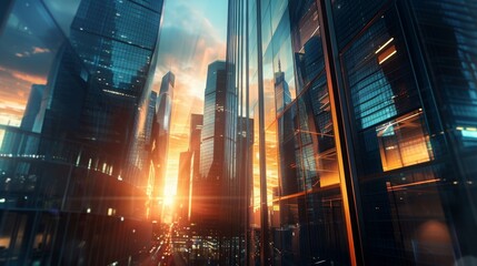 Modern office building or business center. High-rise window buildings made of glass reflect the clouds and the sunset. empty street outside  wall modernity civilization. growing up business - obrazy, fototapety, plakaty