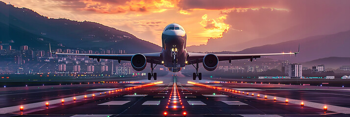 Airplane Taking Off at Sunset, Travel and Aviation Concept, Commercial Flight Beginning its Journey, Skyward Ascent