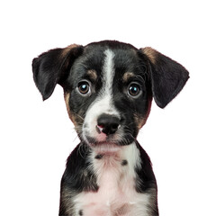 A black and white dog with a pink nose