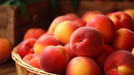 Ripe nectarines in a woven basket, close up view