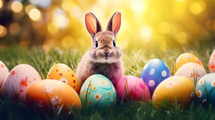 Ai generative photo happy bunny with many easter eggs on grass festive background for decorative design Free Photo
