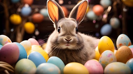 Fototapeta na wymiar AI generated Photo Of Happy Easter Bunny With Many Colorful Easter Eggs. AI Generated Pro Photo 