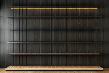 modern charcoal empty bookshelf on light brown wooden wall with light 