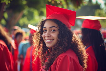 Happy smiling female student wearing graduation hat and red gown at diploma ceremony