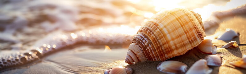 Fototapeta premium Seashells on sand at the sunset sea beach. Panorama banner, copy space