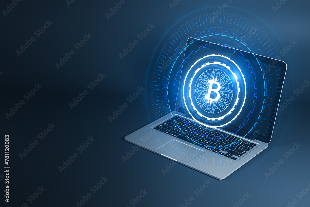Poster close up of laptop with creative glowing round bitcoin hologram on dark background with mock up plac