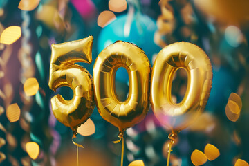 Helium flying golden balloons of number 500 on festive confetti background. Celebration of five hundred followers or likes in social media concept