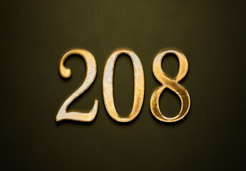 Old gold effect of 208 number with 3D glossy style Mockup.	