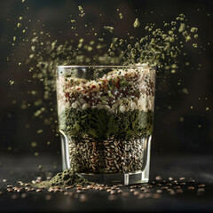 layers glucomannan, piperine, chlorella, carnitine, linseed, hemp seeds in one glass On a dark background , realistic photograph 