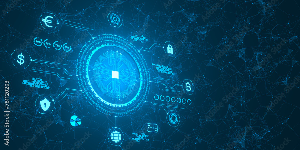 Poster Creative digital polygonal business hologram with circuit, banking and safety icons on blue background with mock up place. Digital transformation concept. 3D Rendering.