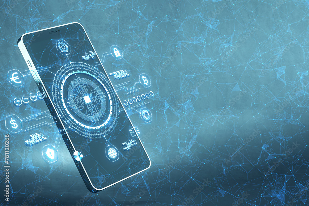 Poster Close up of smartphone with creative digital polygonal business hologram with circuit, banking and safety icons on blue backdrop with mock up place. Digital transformation concept. 3D Rendering.