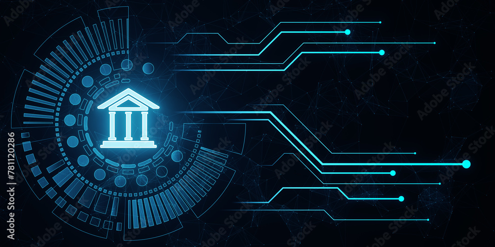 Poster creative polygonal circuit banking hologram on blue background. digital transformation and online ba