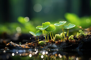 Young green sprouts in the forest on a bokeh background. The concept of awakening nature, preserving the environment. Generated by artificial intelligence