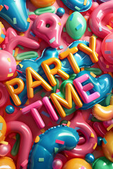 Fototapeta na wymiar Party time text in colorful balloon design
