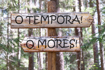 o tempora, o mores (O, the times O, the morals) Latin phrase on a wooden signpost against a forest background - obrazy, fototapety, plakaty