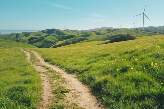 A windy dirt path meanders through a vibrant green hillside dotted with yellow wildflowers, with wind turbines against a clear blue sky in the background.