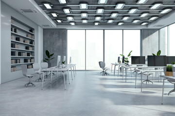 Contemporary bright coworking office interior with furniture, windows and equipment. Workplace concept. 3D Rendering.