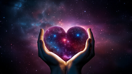 Obraz na płótnie Canvas Hands cradling a cosmic heart-shaped nebula against a starry space background. Conceptual digital art for themes of universal love and mysticism in design and print.