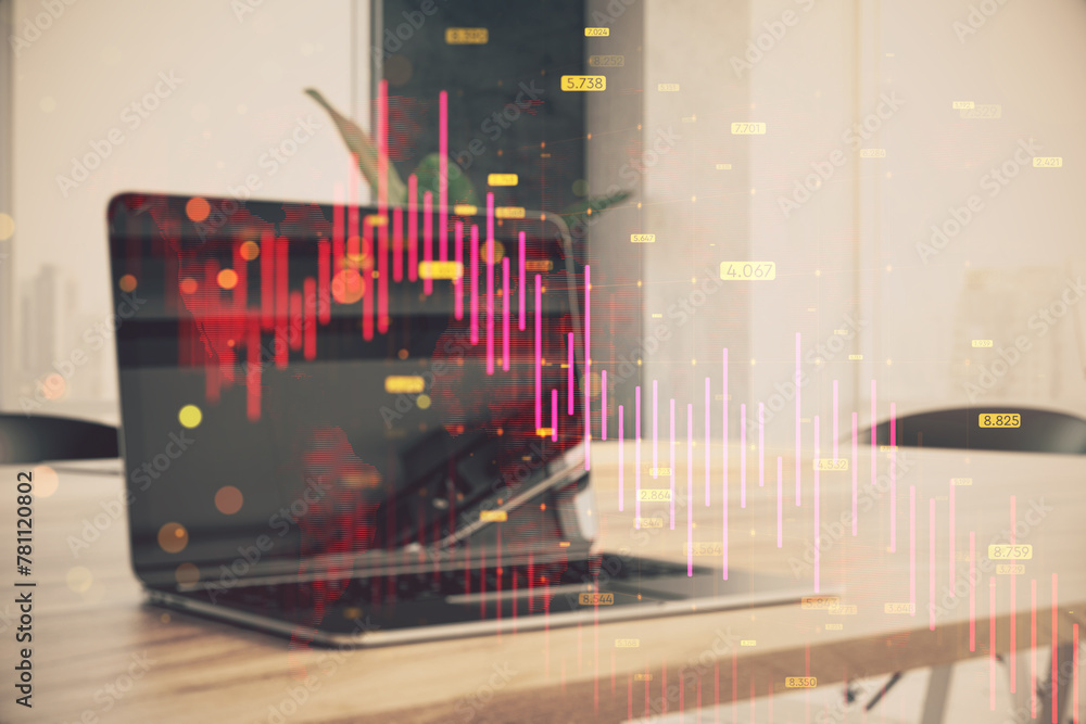 Poster close up of laptop on wooden desk with downward red forex chart with map, grid and index on blurry b