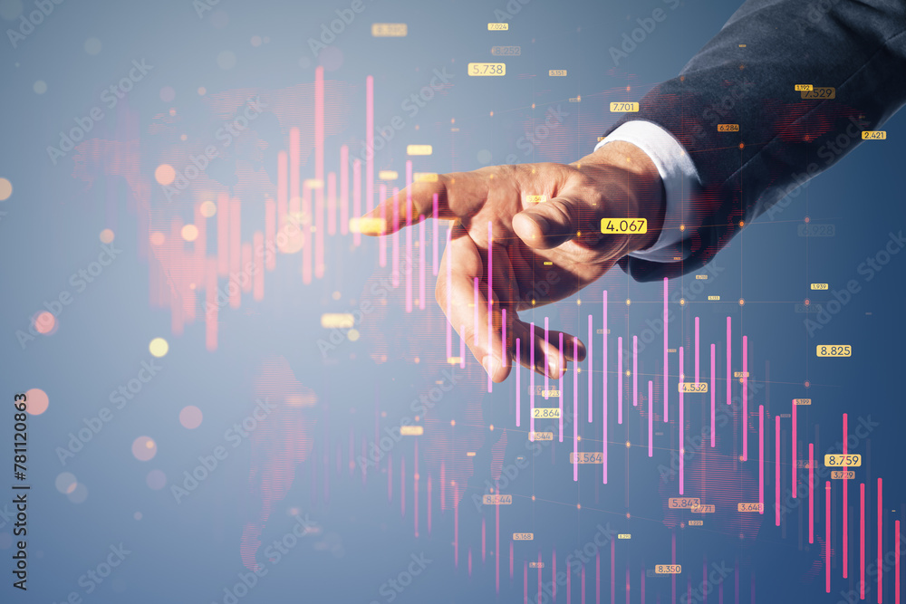 Poster close up of male hand pointing at downward red forex chart with map, grid and index on blurry backgr