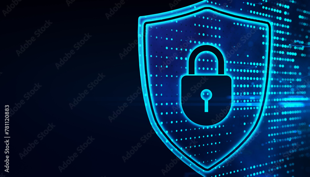 Poster Abstract digital blue shield with padlock on dark backdrop with mock up place. Safety and web protection concept. 3D Rendering.