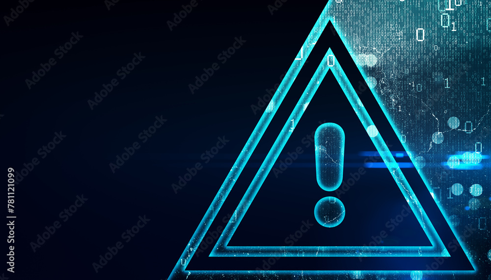 Poster Abstract digital blue exclamation mark on dark background with mock up place. Warning and sign concept. 3D Rendering.