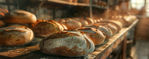 Fresh bread in a bakery shop ready to be sold, fresh organic food, traditional product, generated ai