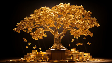 Golden money tree with overflowing currency and gold bars on a dark background with spotlights. Conceptual 3D illustration for wealth, success, and financial growth for design and print.