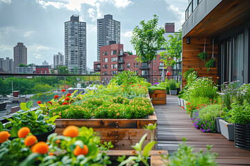 Fototapeta na wymiar Rooftop Garden Overlooking Urban Buildings