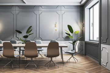 Contemporary classic meeting room interior with wooden flooring, furniture and window. 3D Rendering. - obrazy, fototapety, plakaty