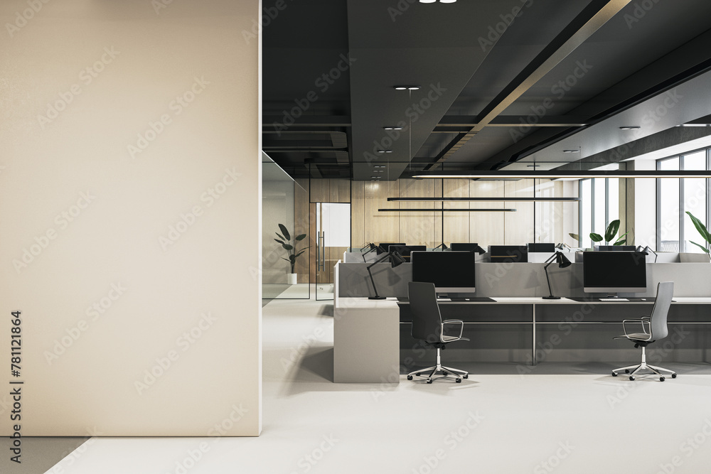 Aufkleber modern warehouse style coworking office interior with empty mock up place on wall, panoramic windows