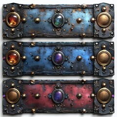 Set of metal frames in different colors. .Metallic title banners set for epic game design on white background