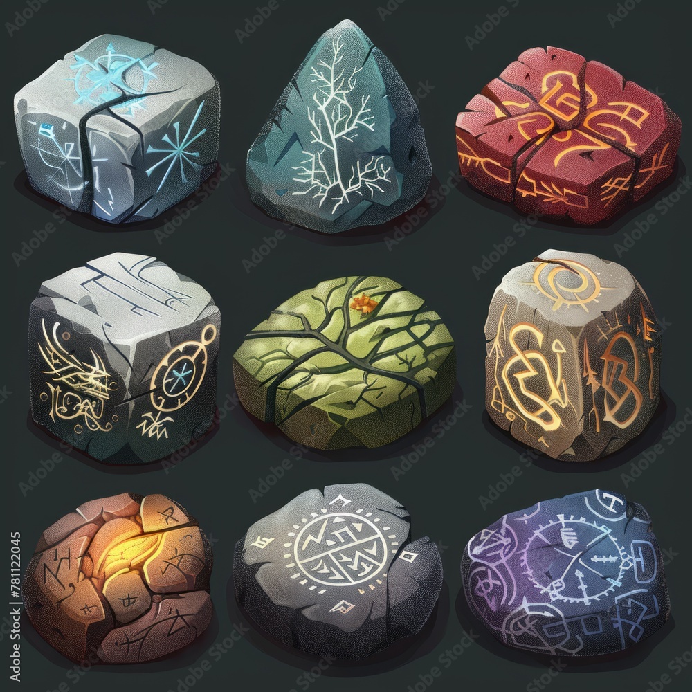 Wall mural Set of game stone icons. Zodiac signs, astrological symbols on stone set.