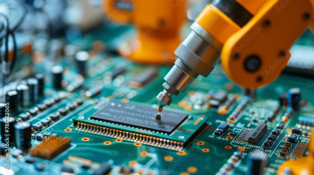 Poster precision industrial robot arm assembling circuit board components