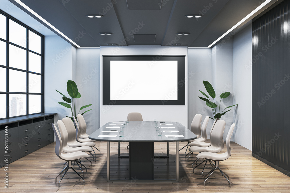Aufkleber modern wooden and concrete conference room interior with empty white mock up poster and furniture. p