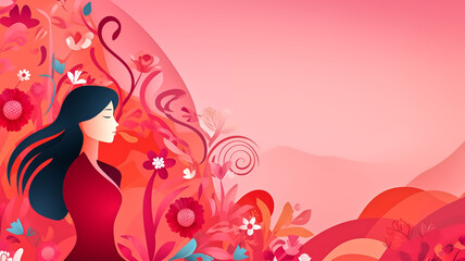 Profile of a serene woman with decorative floral elements in shades of red and pink. Digital illustration for themes of peace, beauty, and nature in design and print.