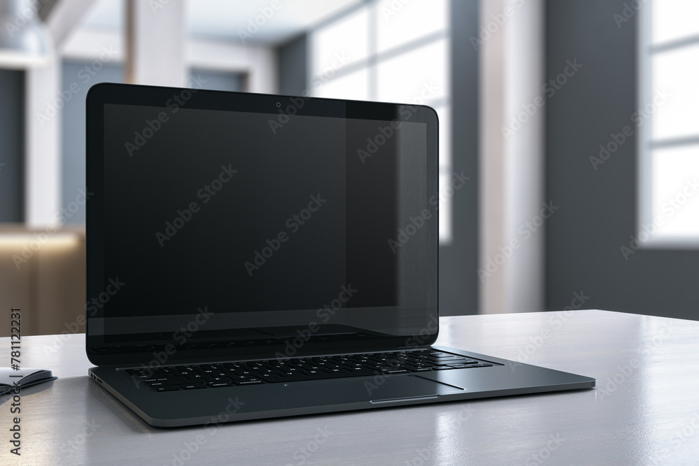 Aufkleber Close up of creative designer desktop with empty laptop and blurry office in the background. Mock up, 3D Rendering.