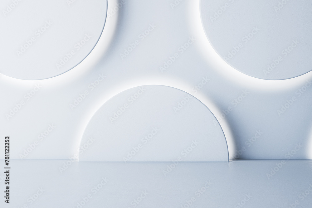 Poster Empty white round podium interior with empty mock up space on wall. Art concept. 3D Rendering.