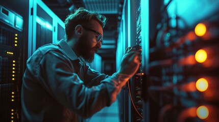 Fototapeta na wymiar A depiction of an IT specialist meticulously working on a server in a dimly lit server room, AI Generative