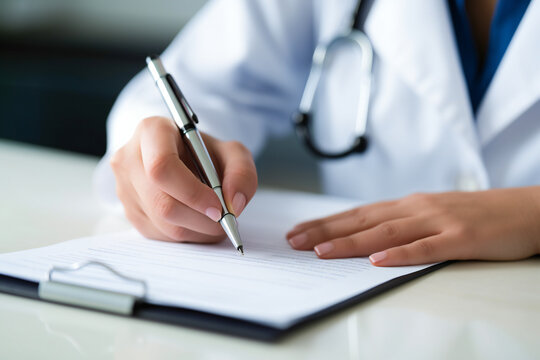Hands of general practitioner filling paper medical records. Doctor in white coat doing paperwork at workplace with laptop, writing notes, preparing documents, reports, prescription. Close up