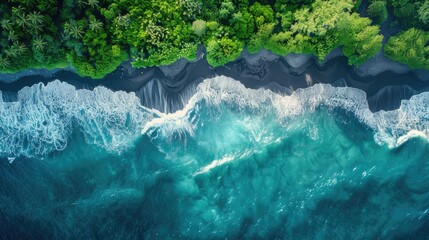 Escape to paradise with a top-down drone shot of a black sand beach, where ocean waves meet tranquil shores. Coastal serenity beckons