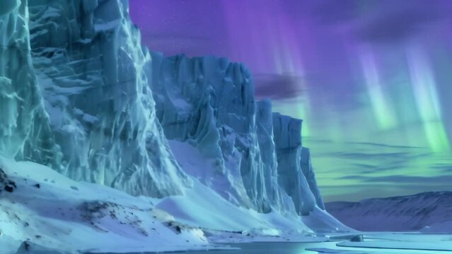 Majestic glaciers tower over a frozen winter landscape. The aurora borealis dances ethereally in the deep blue sky, its light casting a mystical glow upon the icy formations. 